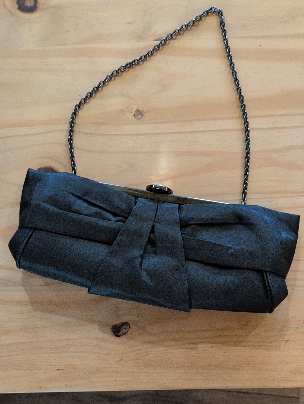 Kate Landry Black Satin Bow-Front Chain Strap Clutch